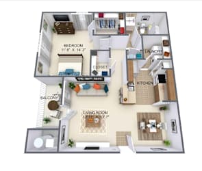 A floor plan of a one bedroom, one bathroom apartment with a living room, kitchen, and balcony.