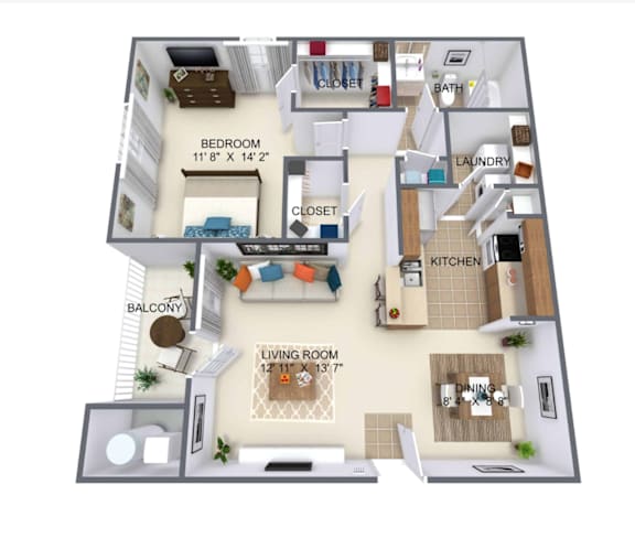 A floor plan of a one bedroom, one bathroom apartment with a living room, kitchen, and balcony.