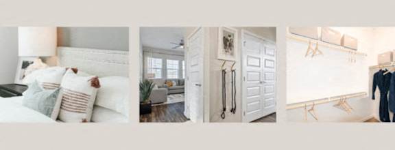a walk in closet with white cabinets and a mirror