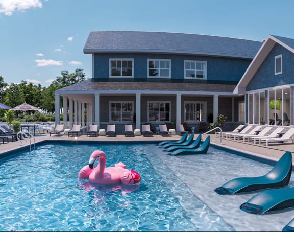 A pool with a pink flamingo float in it at Preserve at Sycamore Creek, Osage Beach, 65065