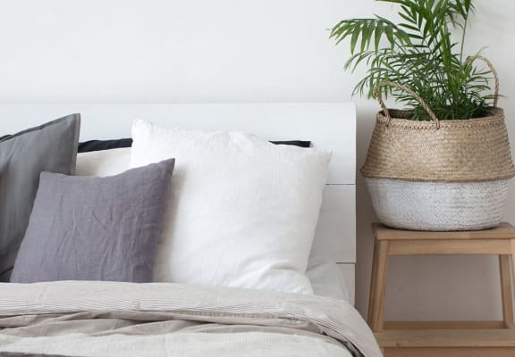 a bed with pillows and a plant on a nightstand