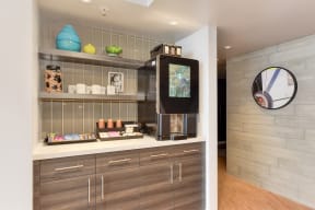 Leasing Office Beverage Station with Coffee Maker, Cabinets, Dog Treat Jar, and Candy Tray