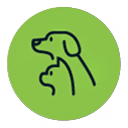 A green circle with a black outline of a dog.