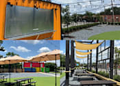 Thumbnail 5 of 8 - A collage of outdoor seating areas with umbrellas and picnic tables.