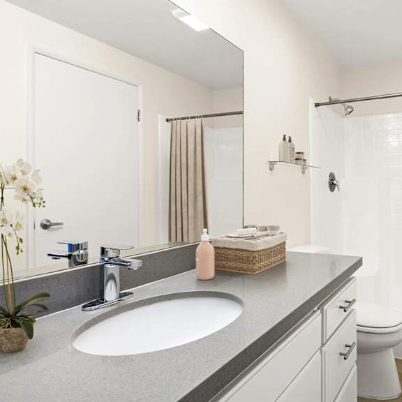 A bathroom with a white sink and a mirror above it.