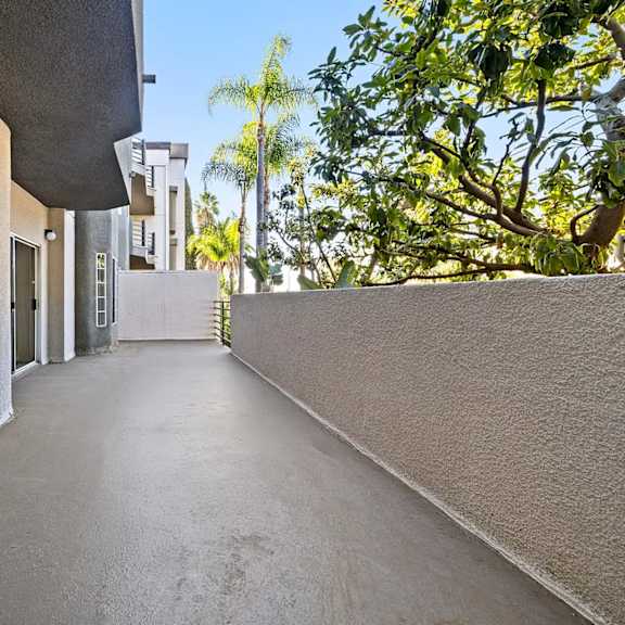 A concrete pathway leads to a building with a tree on the right.
