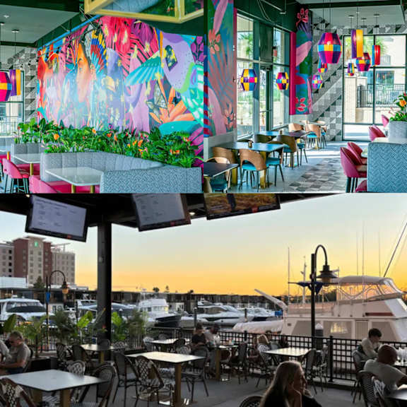 A colorful mural on the wall of a restaurant.