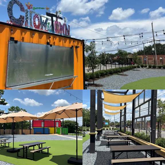 A collage of outdoor seating areas with umbrellas and picnic tables.