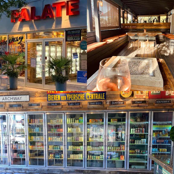 A bookstore with a sign that reads "Palate" and a display of books in the window.
