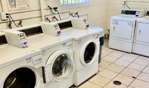 a washer and dryer in a laundry room with other washing machines