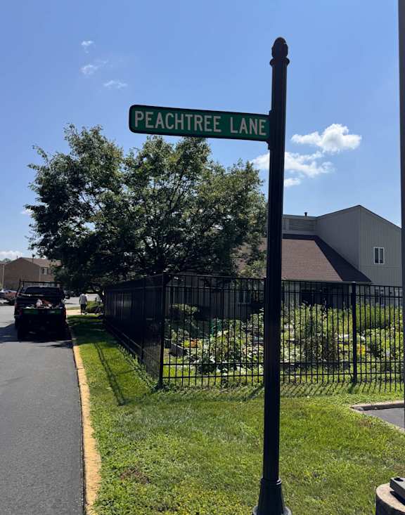 A park with a sign that says "park crossing" is in front of a building.