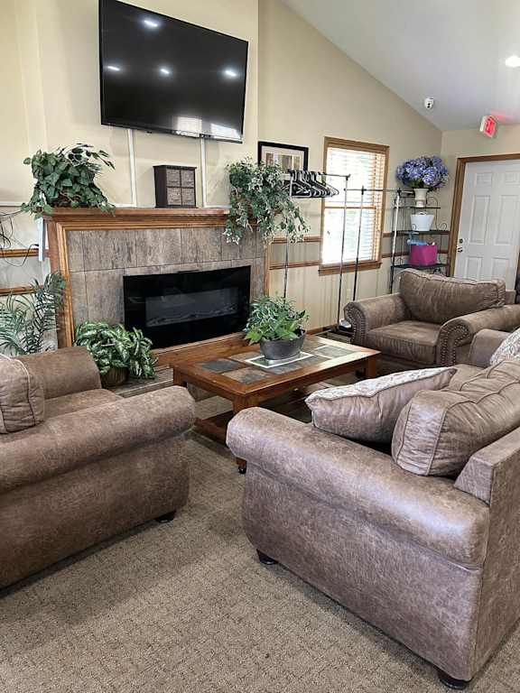 A side view of Clubhouse seating area
