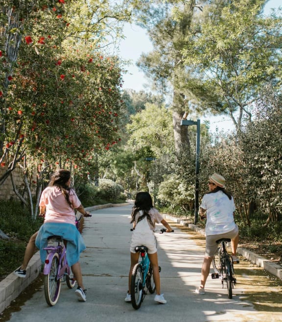 three girls riding bikes down a street