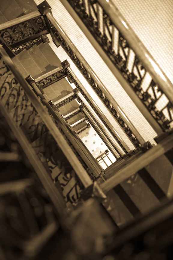 A black and white image of a staircase.