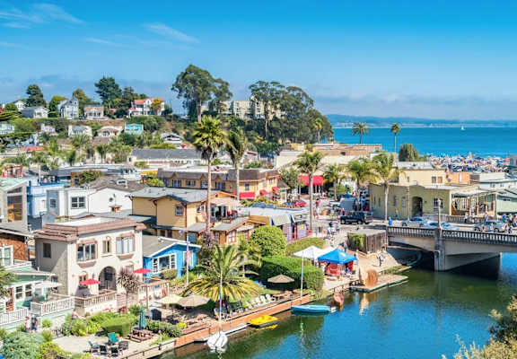 A coastal town with a bridge over a river and palm trees.