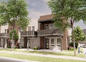 Thumbnail 2 of 8 - a rendering of a three story house with trees and a sidewalk