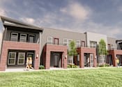 Thumbnail 3 of 8 - a rendering of a three story apartment building with people walking on the sidewalk