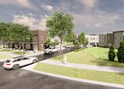 Thumbnail 6 of 8 - a rendering of a neighbourhood with cars parked on the street and people on the lawn
