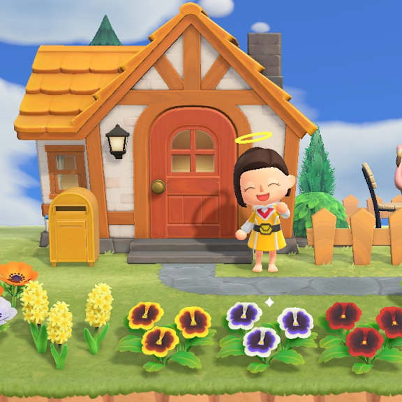 A cartoon character stands in front of a house with a red door.