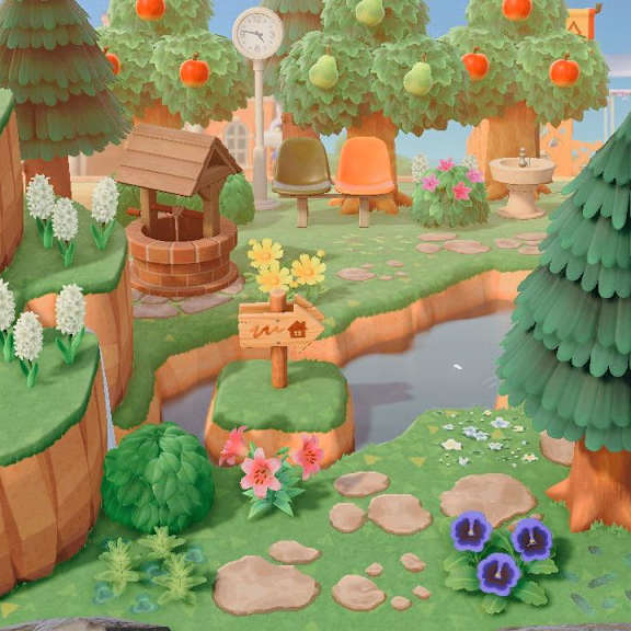 A vibrant, cartoon-style landscape with a waterfall, trees, and a small hut.