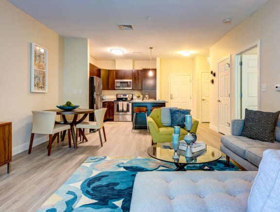 model apartment kitchen and common space