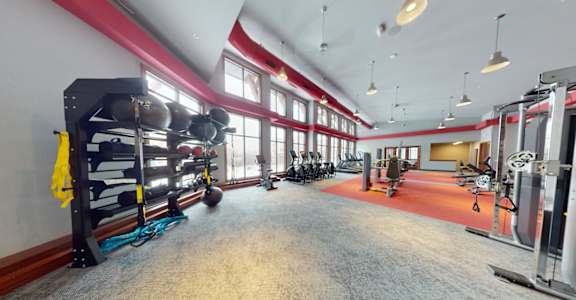 A gym with a variety of equipment including weights and exercise machines.