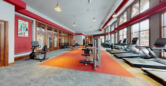 A gym with treadmills and exercise bikes.