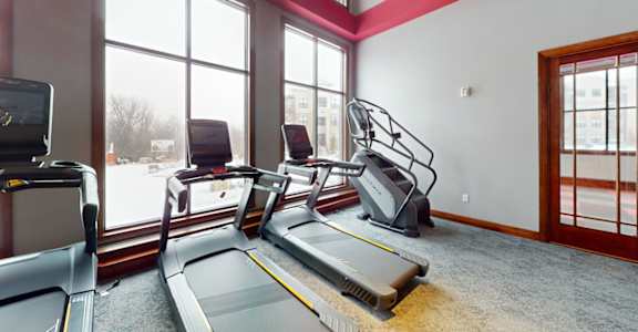 A treadmill and a stationary bike are in a gym with a view of the outside.