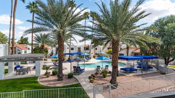 A pool surrounded by palm trees and blue umbrellas.
