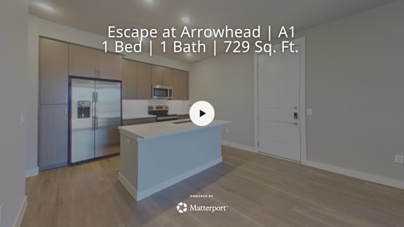 A video thumbnail for a property listing at Arrowhead A1, a 1 bedroom, 1 bathroom apartment with 729 square feet.