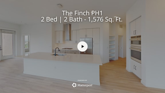 A video thumbnail for a property listing titled "The Finch PH1" showing a kitchen and living room.
