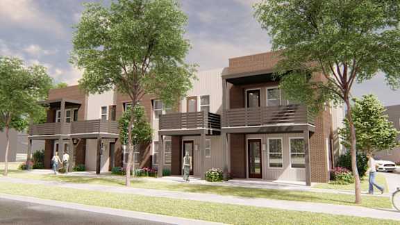 a rendering of a three story house with trees and a sidewalk