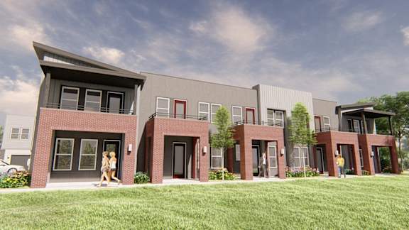 a rendering of a three story apartment building with people walking on the sidewalk