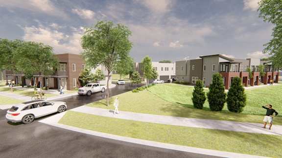 a rendering of a neighbourhood with cars parked on the street and people on the lawn