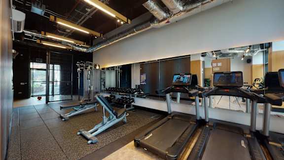 A gym with treadmills and other exercise equipment.