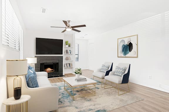 a living room with white walls and a fireplace at Bridges at Mallard Creek Apartment Homes, Charlotte, 28269