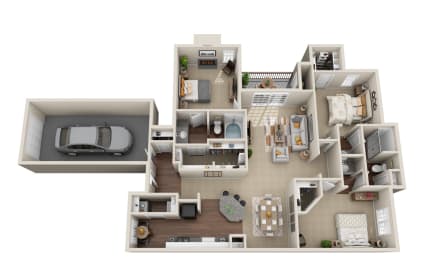 a stylized view of a 3d floor plan of a house at La Ventura Apartments, Texas, 75093