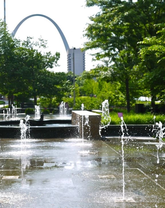 a fountain in a park with the arch in the background