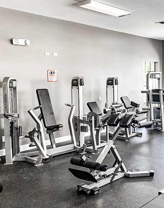 A gym with a variety of equipment including treadmills, weights, and exercise machines.