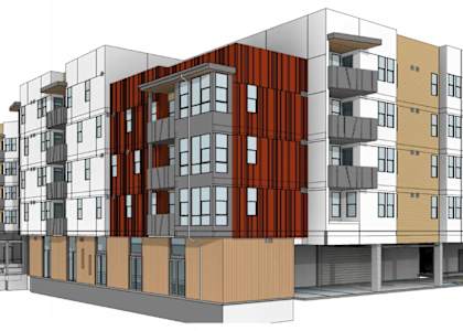 A 3D rendered image of a modern apartment complex.