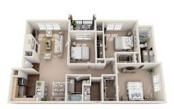 3D floor plan with three bedrooms and patio at Sonterra Apartments Homes, Austin