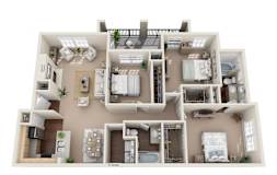 3D floor plan with three bedrooms and outdoor deck at Sonterra Apartments Homes, Texas, 78726