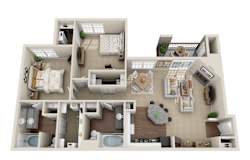 a 1 bedroom floorplan is shown in this rendering at La Ventura Apartments, Plano, 75093