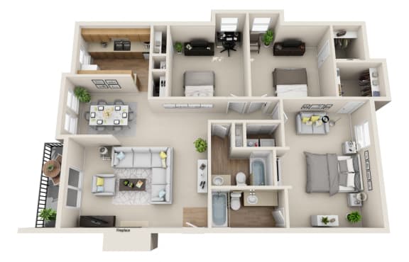 Arbor Creek Apartments Floor Plan 3 Bed 2 Bath C2N 1230 sq ft