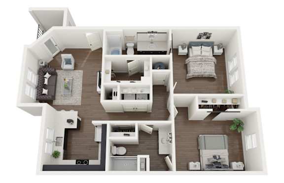 A top-down view of a two-story apartment layout.