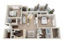 3D floor plan with two bedrooms and outdoor terrace at Sonterra Apartments Homes, Austin, 78726