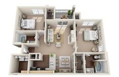 Two bedroom two bathroom 3D floor plan at Sonterra Apartments Homes, Austin, TX