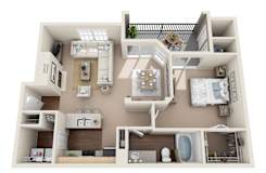 3D floor plan with one bedroom and balcony at Sonterra Apartments Homes, Texas, 78726