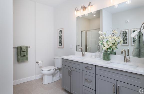 A bathroom with a toilet, sink, and mirror.