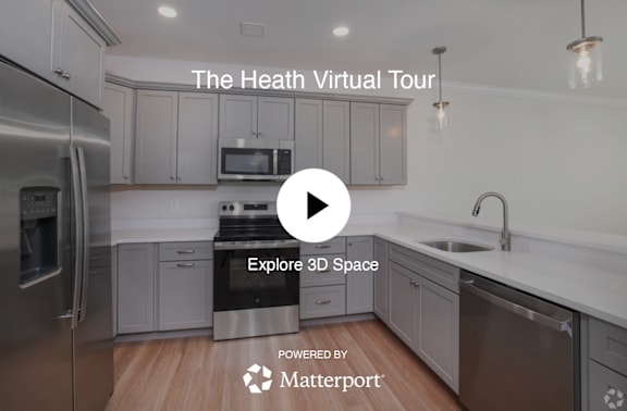 A kitchen with a video play button overlay that says "Explore 3D Space".